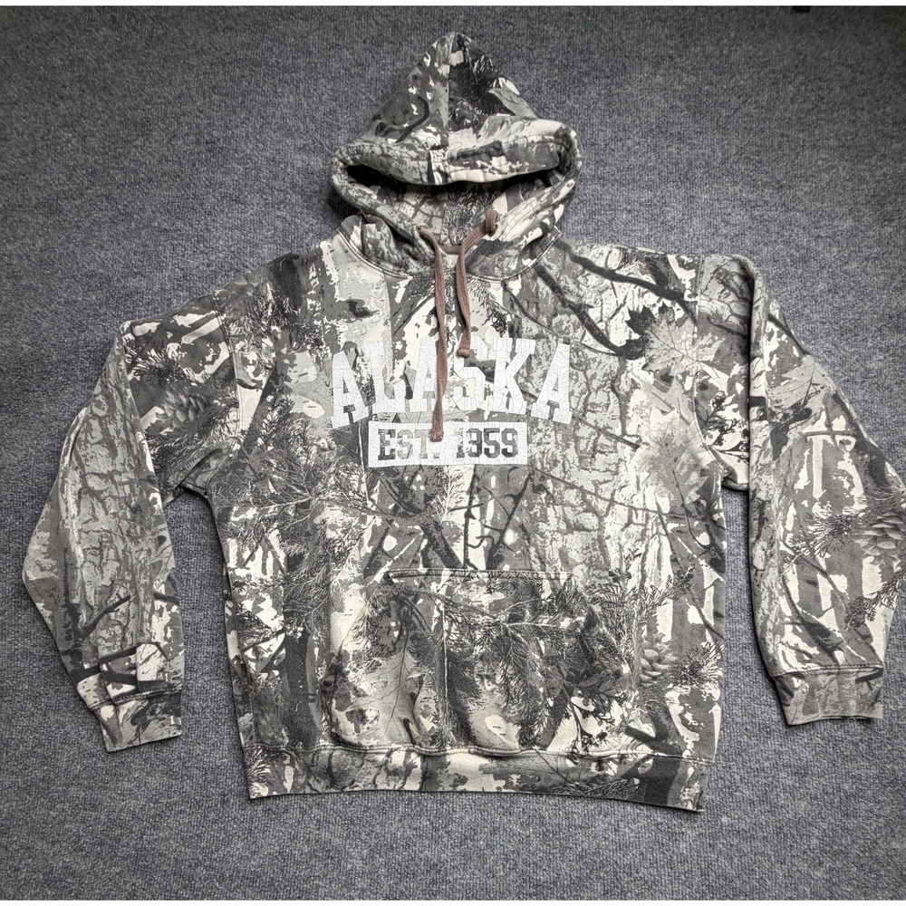 US Vintage Gray Alaska Camo Pullover Distressed Cotton Hoodie Large